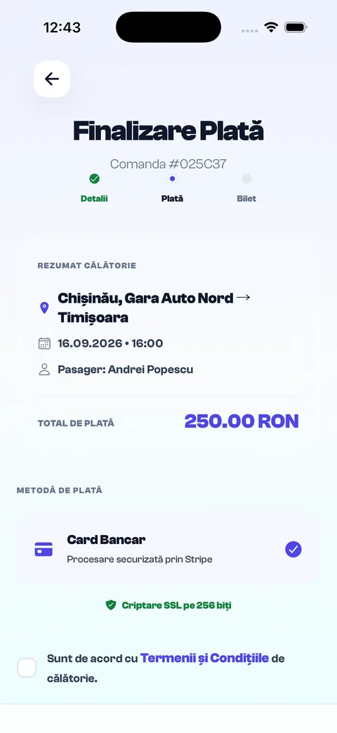 Lavial checkout with trip summary, total and card payment through Stripe