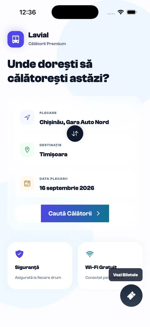 Lavial search screen: departure Chișinău, destination Timișoara, date picker