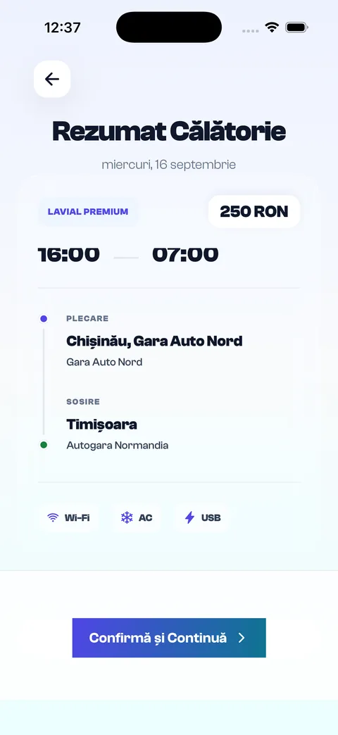 Lavial trip summary with departure and arrival times, price and amenities
