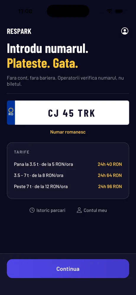 Respark home screen: type a plate number, see the rates, pay